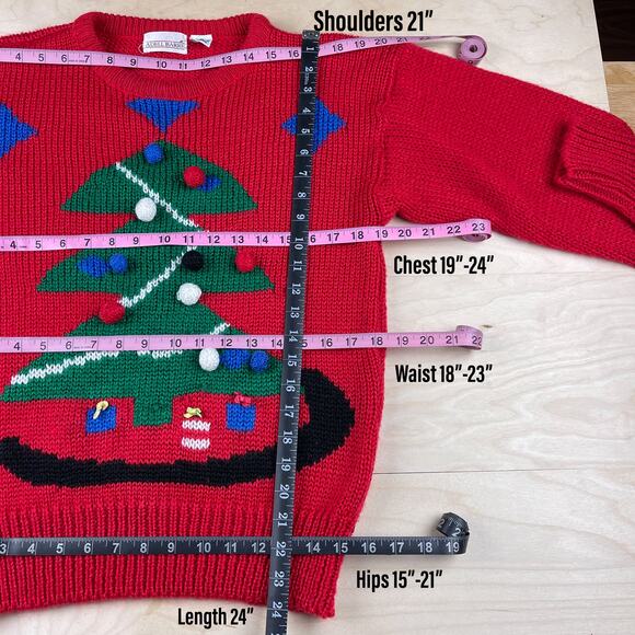 Vintage 1980s Red Christmas Tree 3D Graphic Holiday Sweater - Picture 7 of 8